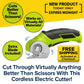 Cordless Electric Cutter with a green and black handle, equipped with a self-sharpening stainless steel blade for long-lasting durability. Promotional labels showcase its powerful cutting performance, included extra blade, lightweight design, and free shipping offer.