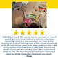 A pile of torn cardboard pieces with a Cordless Electric Cutter on top. Below, a five-star customer review describes the lightweight cutting tool’s effectiveness for breaking down cardboard boxes.