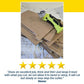 A Cordless Electric Cutter in green and black, equipped with a self-sharpening stainless steel blade, rests on a stack of cardboard pieces atop a bedspread, with a five-star customer review and testimonial shown below the image.