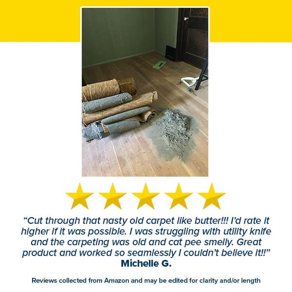 A rolled-up old carpet and a pile of debris rest on a wooden floor next to a utility knife, dustpan, and the Cordless Electric Cutter, which features a self-sharpening stainless steel blade. Below the image are five gold stars and a customer review.