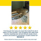 A rolled-up old carpet and a pile of debris rest on a wooden floor next to a utility knife, dustpan, and the Cordless Electric Cutter, which features a self-sharpening stainless steel blade. Below the image are five gold stars and a customer review.