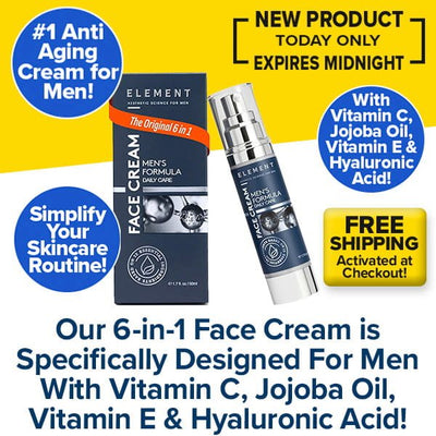 Promotional image for 6-in-1 Face Cream for Men, featuring anti-aging benefits, vitamin-rich formula, and free shipping. Product box and bottle displayed with bold text on a yellow and blue background.