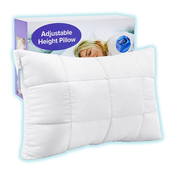 A white, quilted Adjustable Height Pillow with personalized comfort is shown in front of its box, which features an image of a person sleeping and the product name “Adjustable Height Pillow.”.