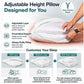 Infographic depicting the Adjustable Height Pillow, which offers customizable comfort through adjustable layers. It features a soft layer, a medium layer, or both combined to create your ideal support. A hand is shown unzipping the pillow to easily change the layers for personalized sleep comfort.