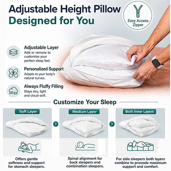 Infographic depicting the Adjustable Height Pillow, which offers customizable comfort through adjustable layers. It features a soft layer, a medium layer, or both combined to create your ideal support. A hand is shown unzipping the pillow to easily change the layers for personalized sleep comfort.