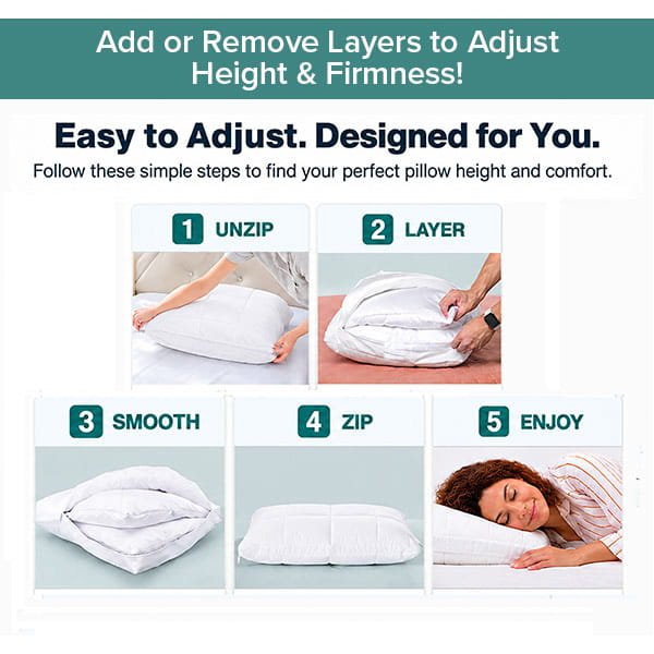 Step-by-step instructions show how to unzip, layer, smooth, and zip the Adjustable Height Pillow for personalized comfort, with images demonstrating each step and a person lying on the pillow at the end.