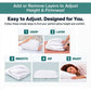 Step-by-step instructions show how to unzip, layer, smooth, and zip the Adjustable Height Pillow for personalized comfort, with images demonstrating each step and a person lying on the pillow at the end.