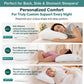 Infographic displaying pillow choices for side, back, and stomach sleepers, each illustrated with a photo of a person in the relevant sleep position and explanations of the advantages of high, medium, and low loft pillows. The guide also features the Adjustable Height Pillow, emphasizing how it delivers personalized comfort tailored to any sleeping style.