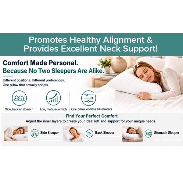 A woman sleeps on a white Adjustable Height Pillow, accompanied by icons and text showing customized support options for side, back, and stomach sleepers. Highlighting the benefits of personalized comfort with adjustable height features, the header reads: Promotes Healthy Alignment & Provides Excellent Neck Support!.