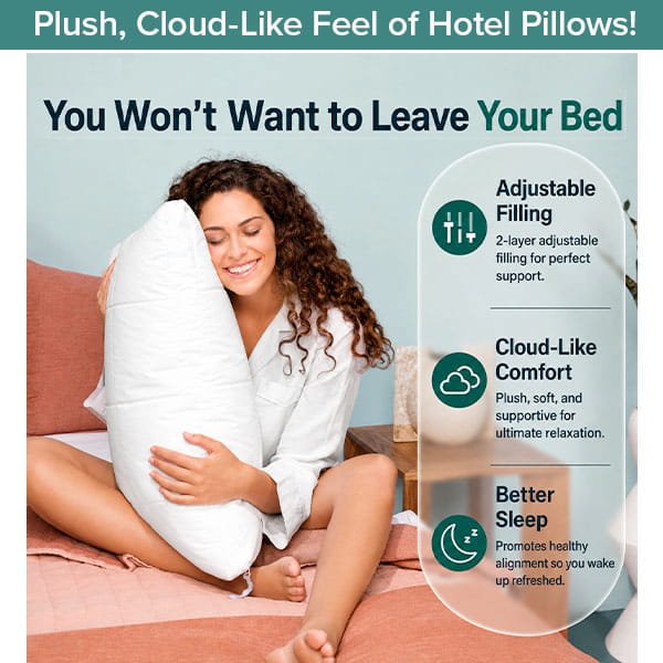 A woman sits on a bed smiling and hugging a large white Adjustable Height Pillow, with text highlighting its adjustable filling, cloud-like comfort, and better sleep benefits for personalized comfort.