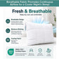 The Adjustable Height Pillow is a white cooling pillow featuring text about its breathable, moisture-wicking, and cooling benefits. An OEKO-TEX certification icon emphasizes its safety for families, pets, and those with sensitive skin. Experience personalized comfort with this pillow’s adjustable height design, perfect for all sleeping preferences.