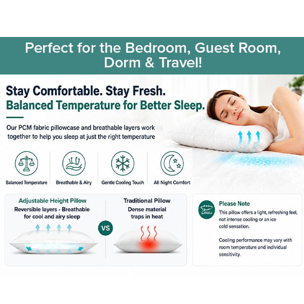 A woman sleeps on the Adjustable Height Pillow, which is white and features icons representing balanced temperature, breathability, and cooling. The text highlights the pillow’s benefits, including its personalized comfort through an adjustable height design, reversible layers for versatility, and helpful care tips for better sleep.