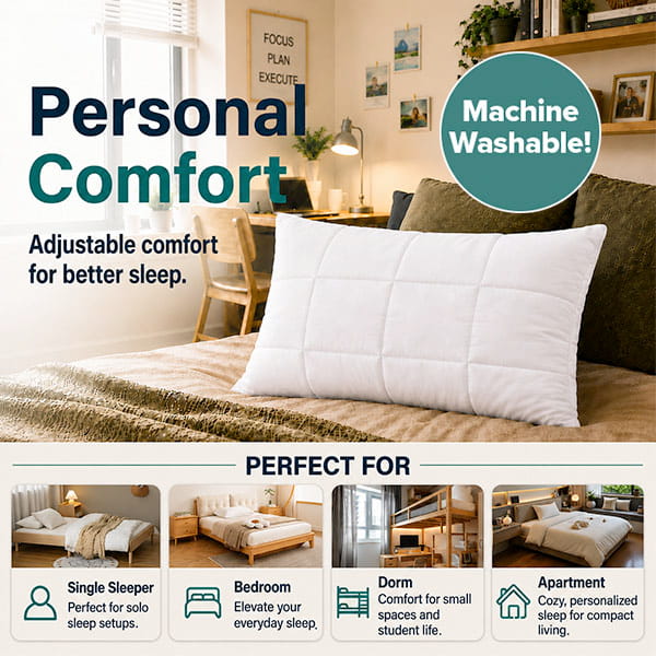 An Adjustable Height Pillow in white rests on a neatly made bed with a green blanket. Labeled as machine washable and ideal for single sleepers, bedrooms, dorms, and apartments, this pillow offers personalized comfort through adjustable height.