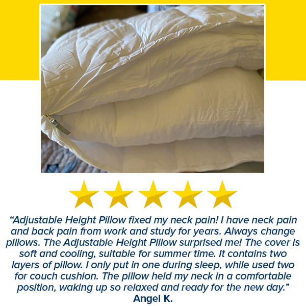 Close-up of the Adjustable Height Pillow in white, featuring a zippered cover and two stacked inserts for customized comfort. Shown below is a five-star rating alongside a customer review highlighting the pillow’s cooling effect, exceptional comfort, and effective pain relief.