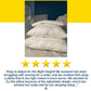 Three white Adjustable Height Pillows are stacked on a bed, with a small stuffed toy nearby. Below the image, five yellow stars and a positive customer review highlight this pillow’s personalized comfort and customizable support for better sleep.