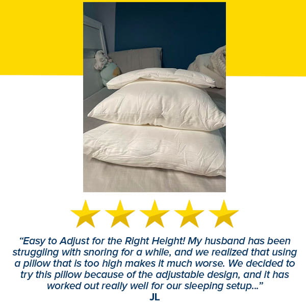 Three white Adjustable Height Pillows are stacked on a bed, with a small stuffed toy nearby. Below the image, five yellow stars and a positive customer review highlight this pillow’s personalized comfort and customizable support for better sleep.