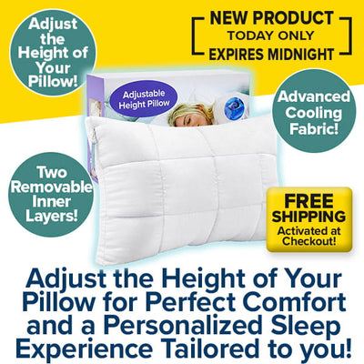 Promotional image for the Adjustable Height Pillow, showcasing benefits such as advanced cooling fabric, customizable comfort with removable inner layers, and free shipping. Text emphasizes optimal comfort and a truly personalized sleep experience.