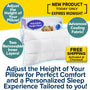 Promotional image for the Adjustable Height Pillow, showcasing benefits such as advanced cooling fabric, customizable comfort with removable inner layers, and free shipping. Text emphasizes optimal comfort and a truly personalized sleep experience.