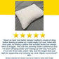 An Adjustable Height Pillow rests on a blue and yellow background, set above a five-star review highlighting its excellent support for neck pain and improved sleep. This cooling pillow delivers personalized comfort to help you rest easy. The text notes the review may be edited for length.