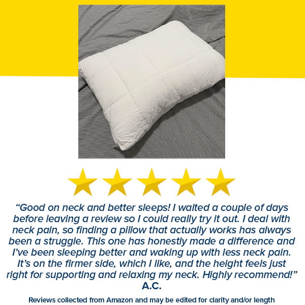 An Adjustable Height Pillow rests on a blue and yellow background, set above a five-star review highlighting its excellent support for neck pain and improved sleep. This cooling pillow delivers personalized comfort to help you rest easy. The text notes the review may be edited for length.