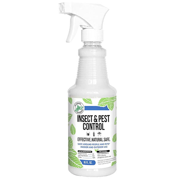 A white 16 fl oz spray bottle labeled "All Natural Peppermint Oil Insect Repellent Spray" with green leaf graphics uses a plant-based formula that’s effective and safe for indoor and outdoor pest control.