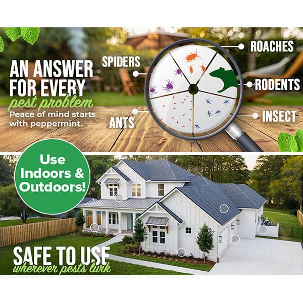 A graphic shows a magnifying glass highlighting pests such as spiders, roaches, rodents, ants, and insects. Text promotes the All Natural Peppermint Oil Insect Repellent Spray for indoor/outdoor use. Below is a photo of a white house.