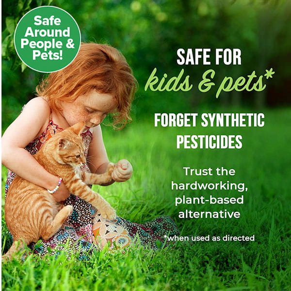 A young girl in a floral dress sits on grass, gently playing with an orange kitten. Text reads: Safe for kids & pets. Choose All Natural Peppermint Oil Insect Repellent Spray—plant-based pest control, no synthetic pesticides.