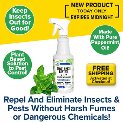 All Natural Peppermint Oil Insect Repellent Spray showcased in a spray bottle, adorned with peppermint leaves and highlighted as a plant-based solution for effective insect and pest control. Harness the power of peppermint oil to naturally repel pests. Enjoy free shipping and seize this natural pest control new product offer before it expires at midnight!.