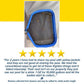 A blue pool skimmer with dead yellow jackets is shown above a five-star review about battling yellow jackets in a pool and an unsuccessful try with indoor outdoor bug spray, highlighting the need for All Natural Peppermint Oil Insect Repellent Spray.