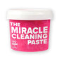 A tub of pink All-Purpose Cleaning Paste with a white lid, featuring the text The Miracle Cleaning Paste and a circular emblem that says It’s tough on stains!.