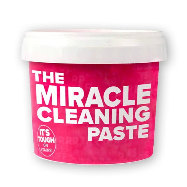 A tub of pink All-Purpose Cleaning Paste with a white lid, featuring the text The Miracle Cleaning Paste and a circular emblem that says It’s tough on stains!.