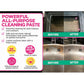 An advertisement for All-Purpose Cleaning Paste featuring before-and-after photos of dirty oven glass and a stained pan, highlighting a powerful, non-toxic, and vegan formula.