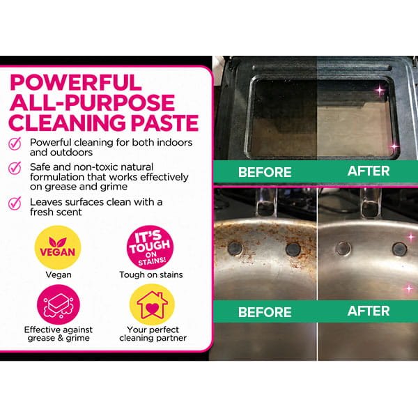 An advertisement for All-Purpose Cleaning Paste featuring before-and-after photos of dirty oven glass and a stained pan, highlighting a powerful, non-toxic, and vegan formula.