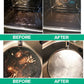 Before and after photos showing an oven interior and the bottom of a frying pan cleaned of burnt stains and residue using All-Purpose Cleaning Paste.