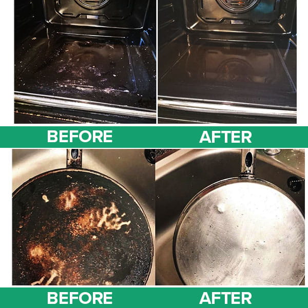 Before and after photos showing an oven interior and the bottom of a frying pan cleaned of burnt stains and residue using All-Purpose Cleaning Paste.