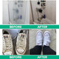A before and after comparison of a glass shower stall and white canvas sneakers restored to a clean state using All-Purpose Cleaning Paste.