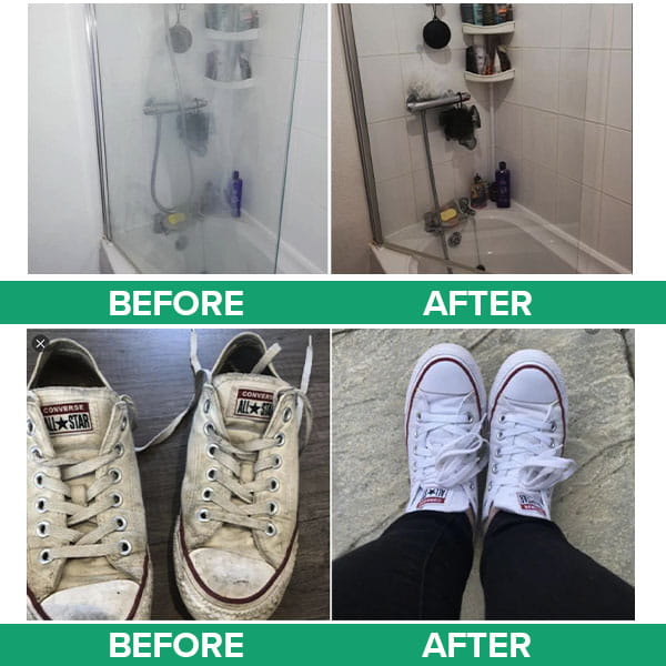A before and after comparison of a glass shower stall and white canvas sneakers restored to a clean state using All-Purpose Cleaning Paste.
