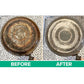 Before and after comparison of the bottom of a pan showing rust and grease removal using All-Purpose Cleaning Paste.