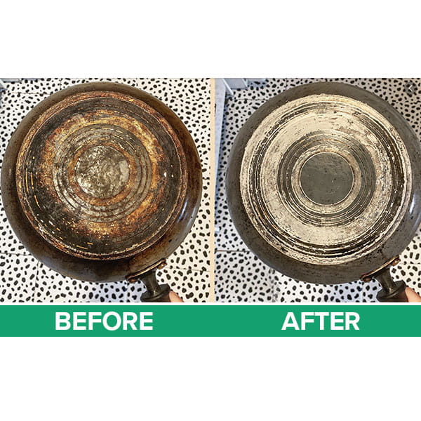 Before and after comparison of the bottom of a pan showing rust and grease removal using All-Purpose Cleaning Paste.