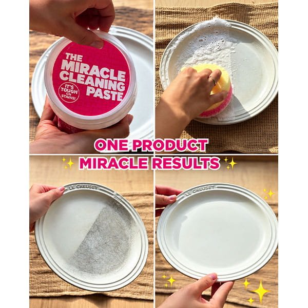 Four-panel collage showing a person using All-Purpose Cleaning Paste and a sponge to scrub a dirty plate until it is clean.