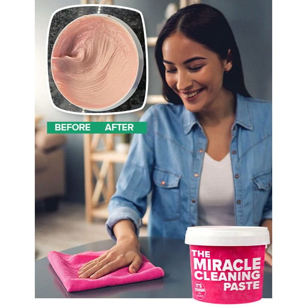 A woman smiles while using All-Purpose Cleaning Paste to wipe a table with a pink cloth, with an inset showing the paste’s texture.
