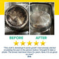 Before and after images of a stainless steel pan caked in burnt residue and then restored to a shine using All-Purpose Cleaning Paste, with a five-star review.