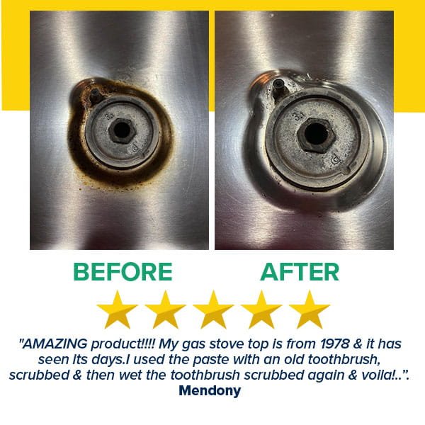 A before and after comparison of a gas stove burner showing built-up grime removed by our All-Purpose Cleaning Paste, with a five-star review underneath.