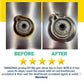 A before and after comparison of a gas stove burner showing built-up grime removed by our All-Purpose Cleaning Paste, with a five-star review underneath.