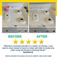 Before and after photos of a white stovetop showing the removal of burnt stains with All-Purpose Cleaning Paste, accompanied by a five-star customer review.