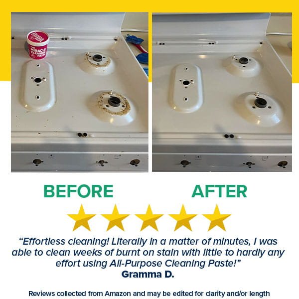 Before and after photos of a white stovetop showing the removal of burnt stains with All-Purpose Cleaning Paste, accompanied by a five-star customer review.