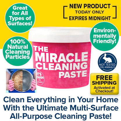 A tub of All-Purpose Cleaning Paste surrounded by promotional text highlighting its natural, environmentally friendly properties and effectiveness on stains, with an inset image of a pan being cleaned.