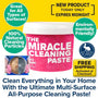 A tub of All-Purpose Cleaning Paste surrounded by promotional text highlighting its natural, environmentally friendly properties and effectiveness on stains, with an inset image of a pan being cleaned.