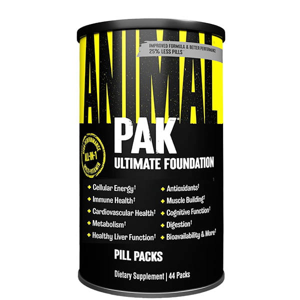 Animal Pak - Multivitamin for Men & Women is a black and yellow container with 44 packs, providing a powerful foundation for cellular energy, immune support, antioxidants, and muscle building.