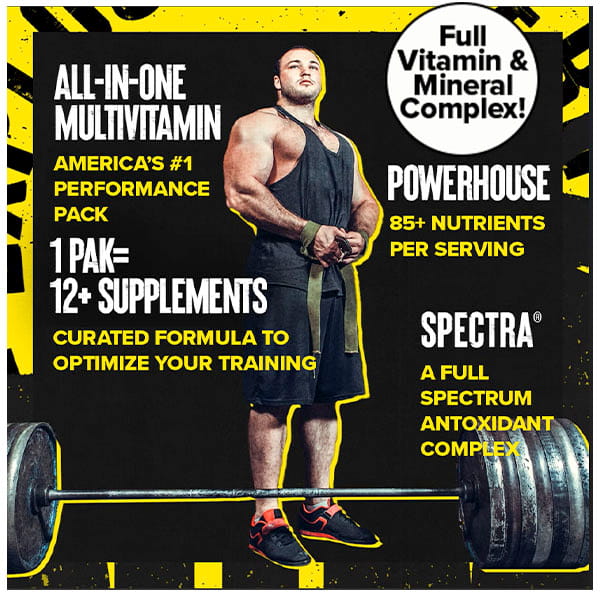 A muscular man stands behind a large barbell as text promotes Animal Pak - Multivitamin for Men & Women, featuring 85+ nutrients, immune support, Spectra antioxidants, and a complete vitamin and mineral blend.